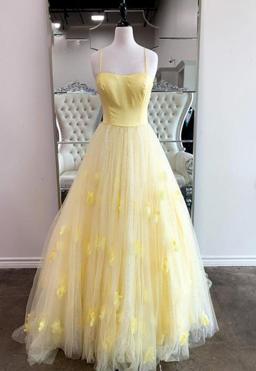 Yellow tulle long A line prom dress evening dress HZ1023